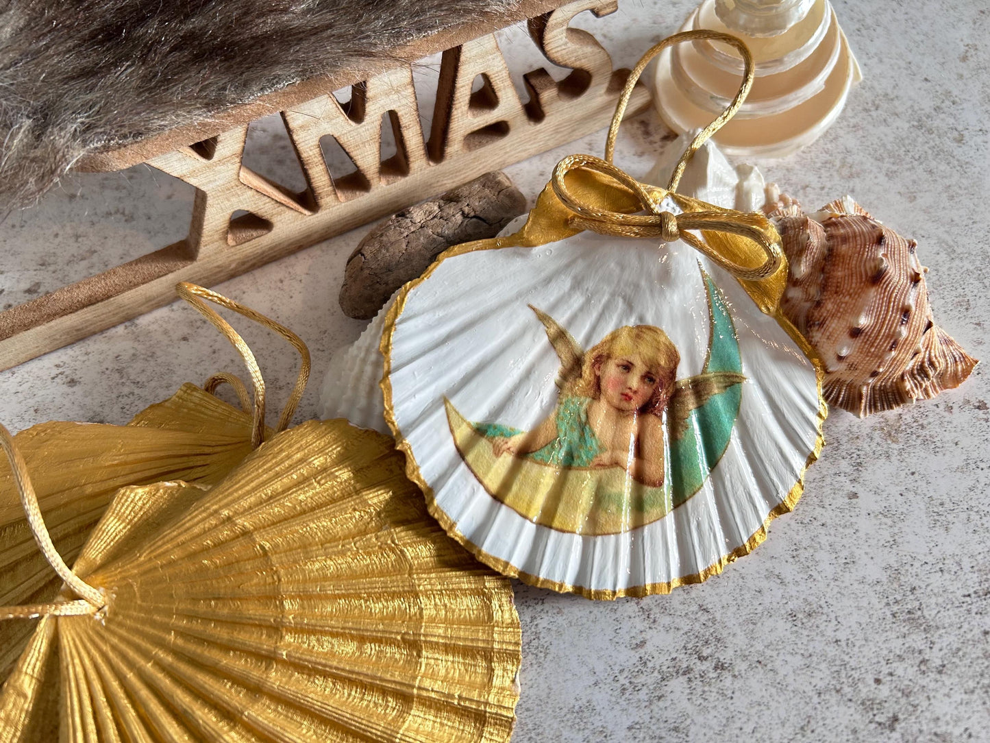 Christmas Angel Decoration. Natural Scallop Shell Hanging Ornament.
