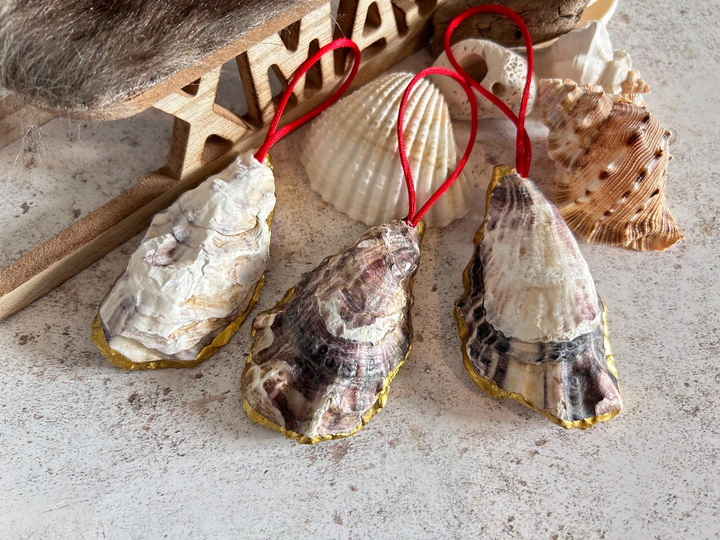 Father Christmas Oyster Shell Ornament Set. Handmade Trio of Saint Nick Tree Decoration.