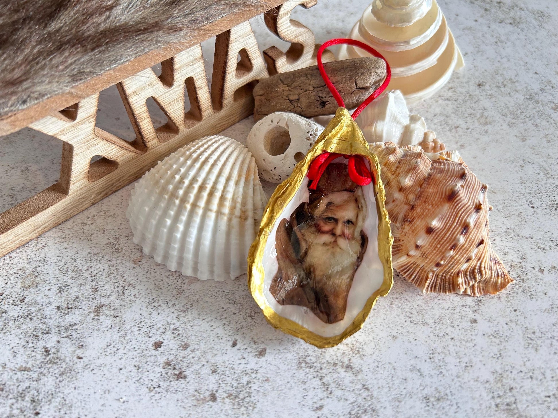 Father Christmas Oyster Shell Ornament Set. Handmade Trio of Saint Nick Tree Decoration.