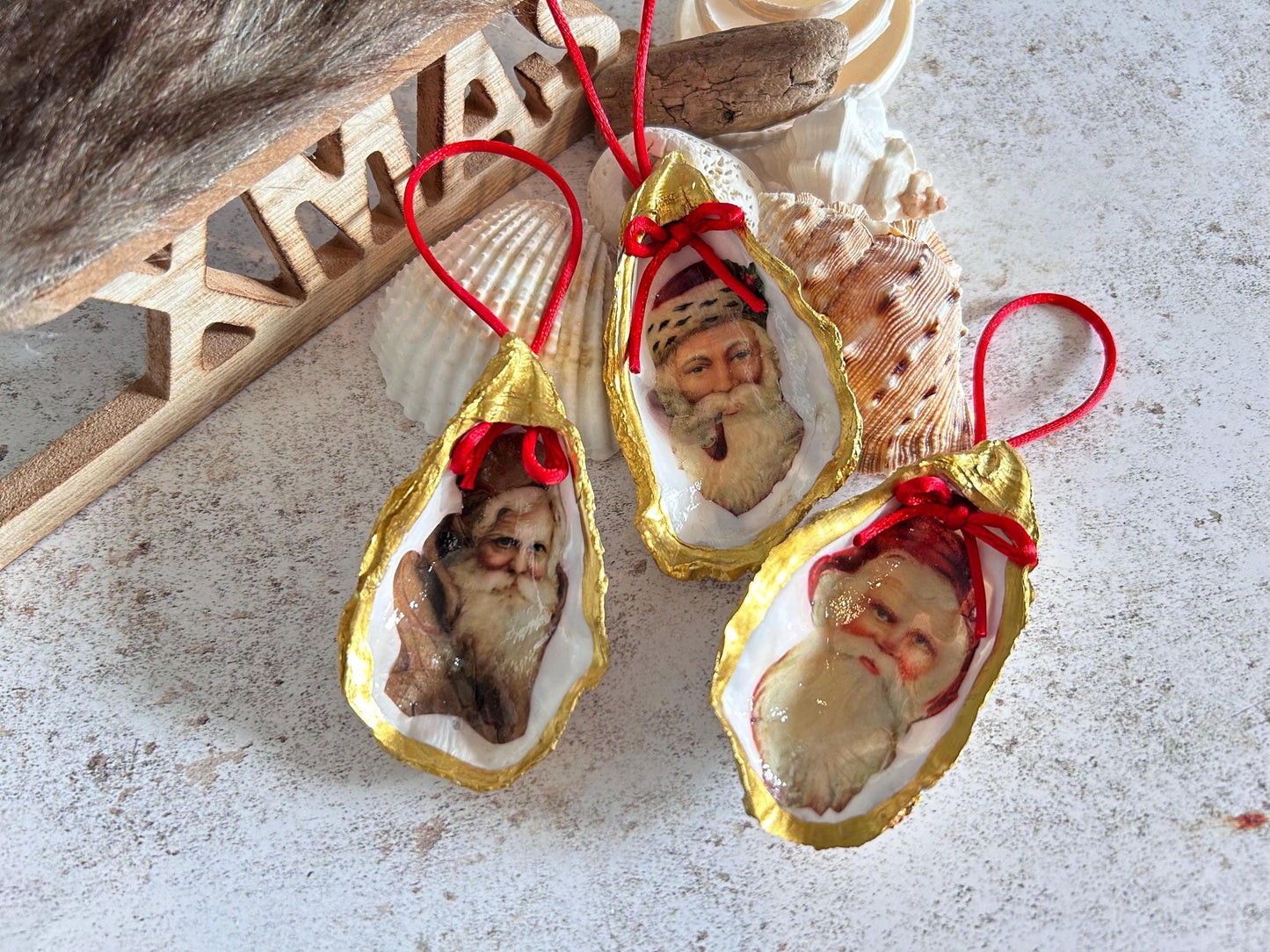 Father Christmas Oyster Shell Ornament Set. Handmade Trio of Saint Nick Tree Decoration.