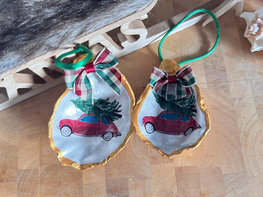Vintage Beetle Car Christmas Ornament. 50s Retro Classi Car Oyster Shell Bauble.