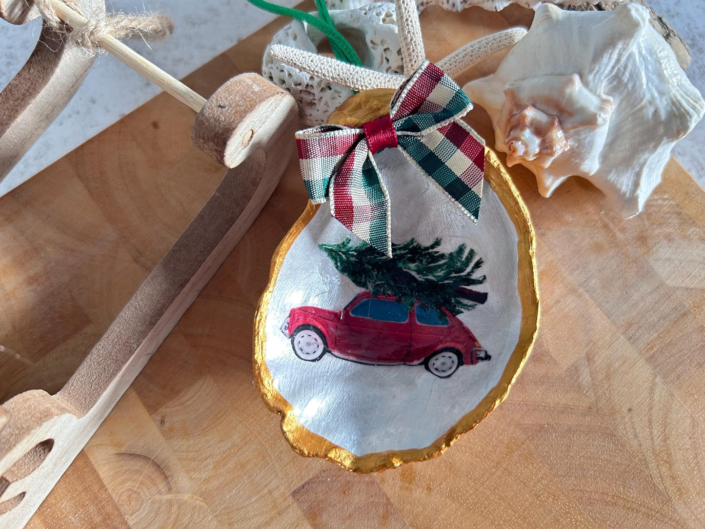 Vintage Beetle Car Christmas Ornament. 50s Retro Classi Car Oyster Shell Bauble.