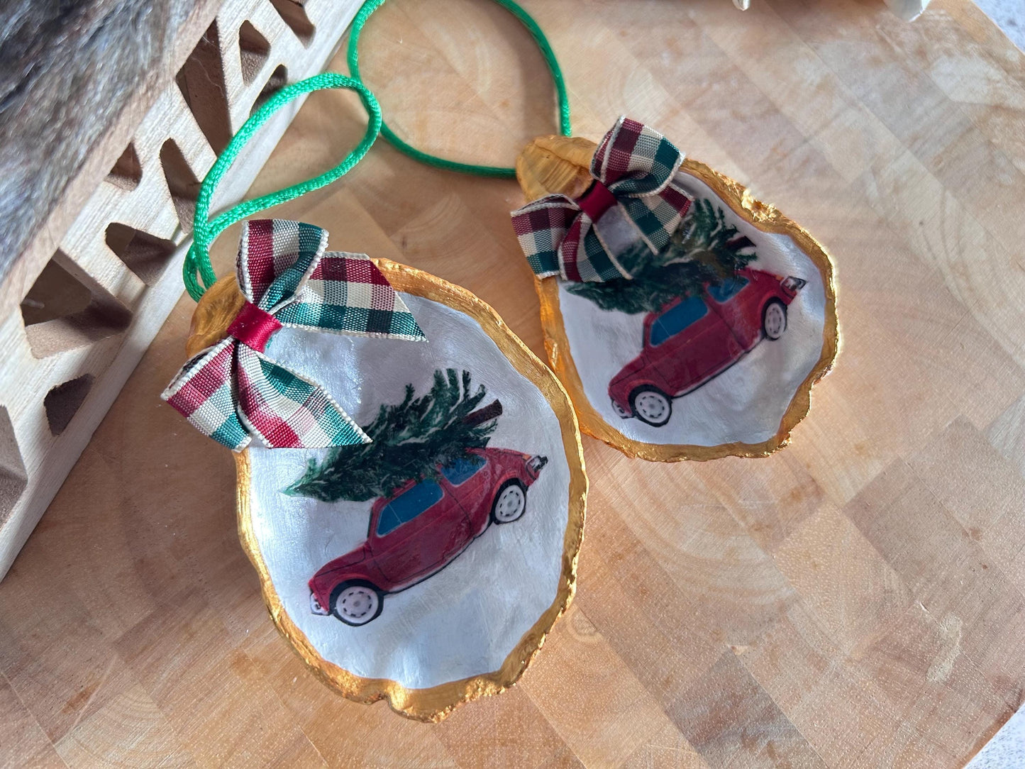 Vintage Beetle Car Christmas Ornament. 50s Retro Classi Car Oyster Shell Bauble.