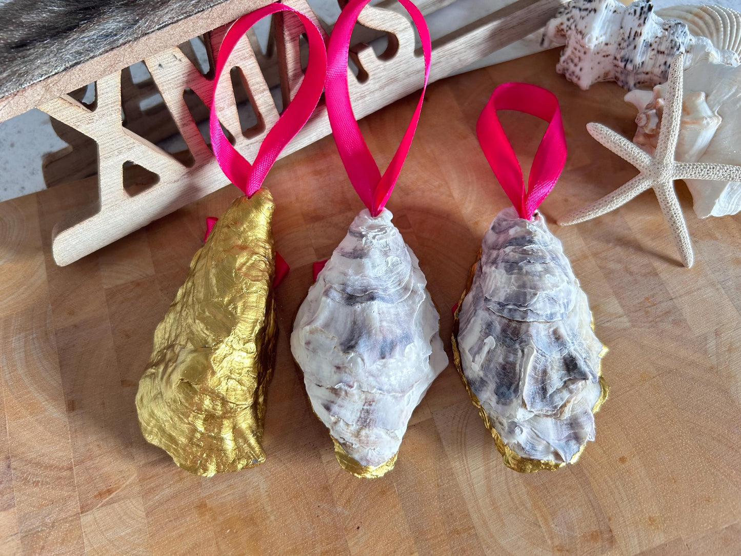 Pink Retro Nutcracker Oyster Shell Ornament. Gold and Cerise Handcrafted Christmas Bauble.