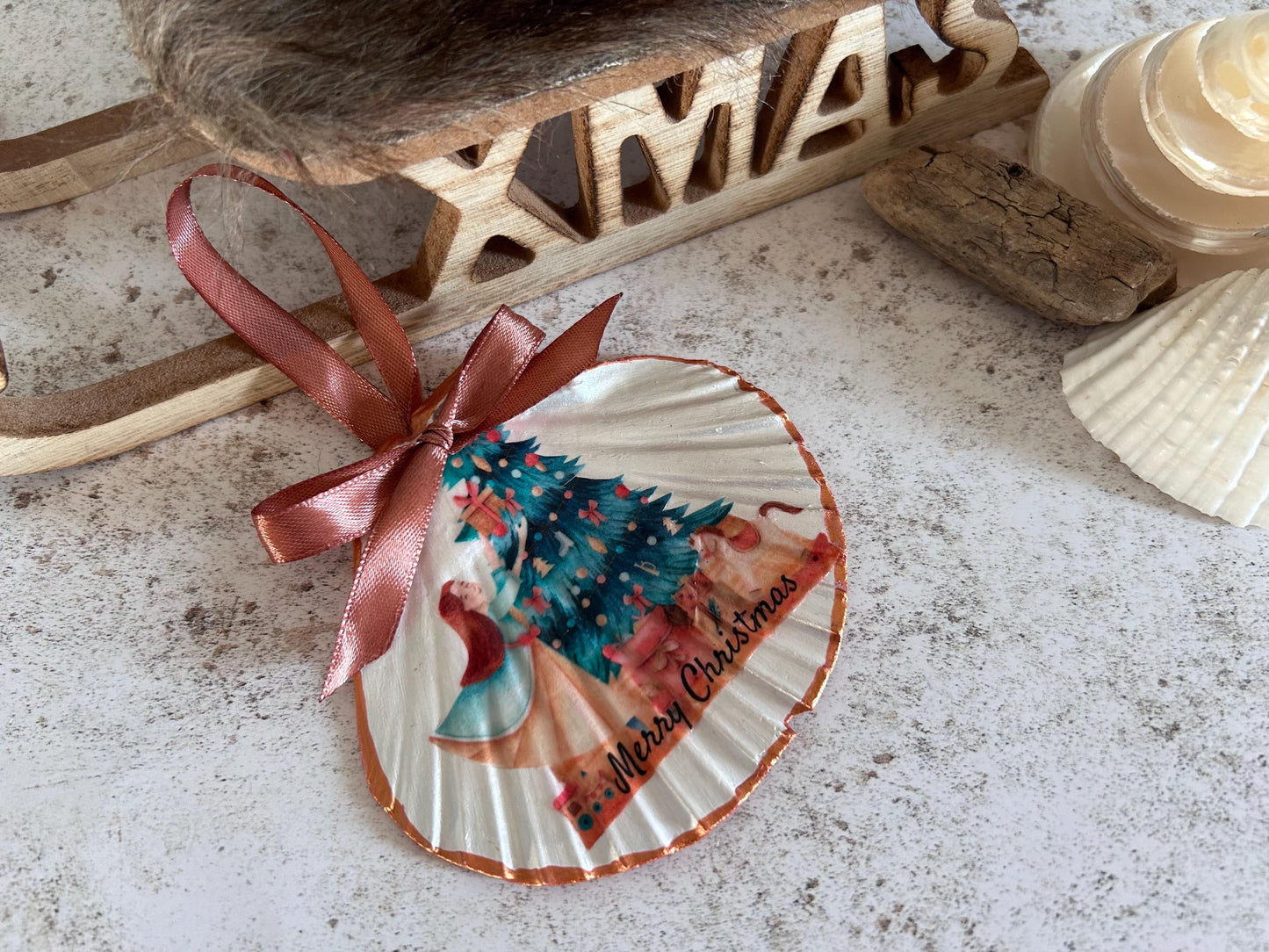 Personalised Christmas Decoration. Natural Scallop Shell Holiday Scene Hanging Decoration.