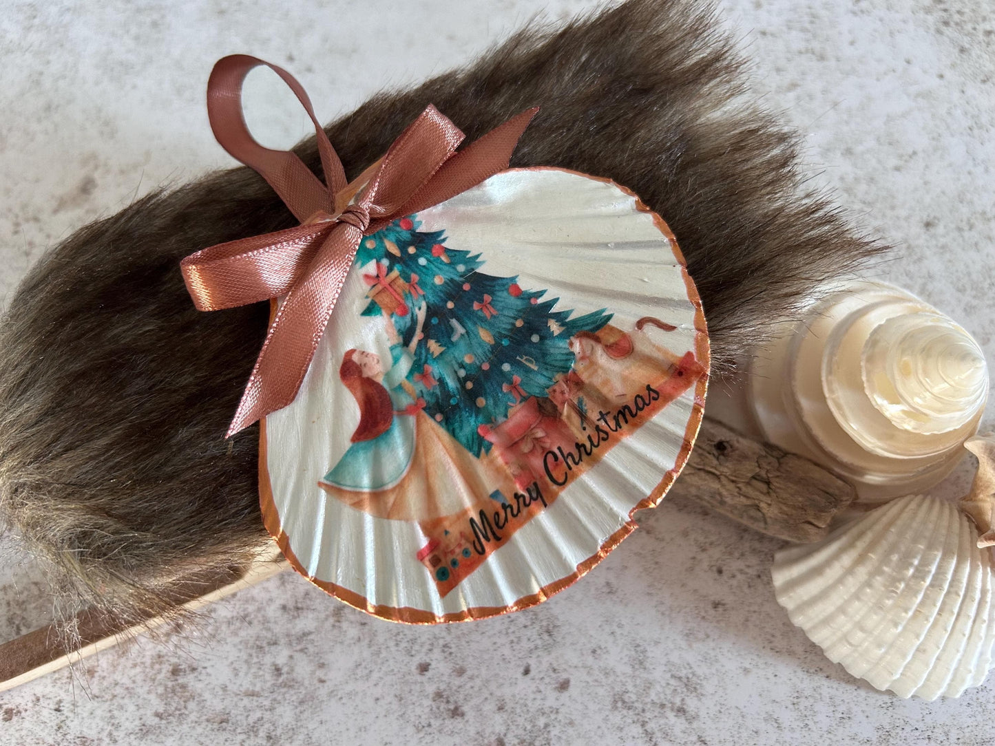 Personalised Christmas Decoration. Natural Scallop Shell Holiday Scene Hanging Decoration.