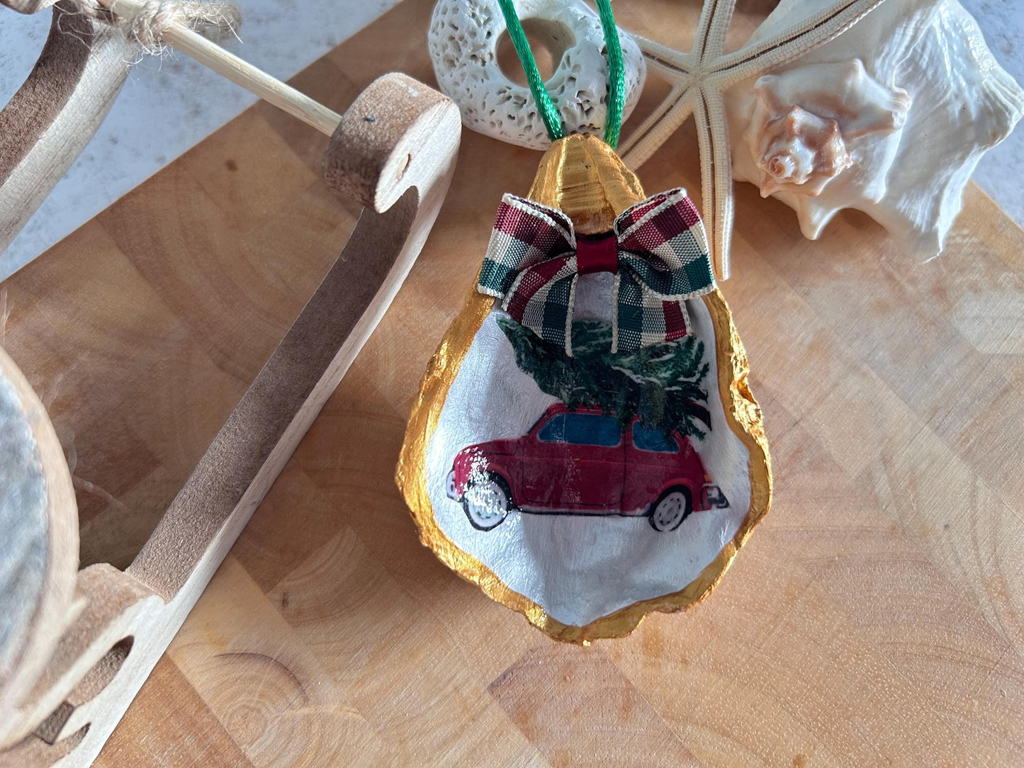 Vintage Beetle Car Christmas Ornament. 50s Retro Classi Car Oyster Shell Bauble.