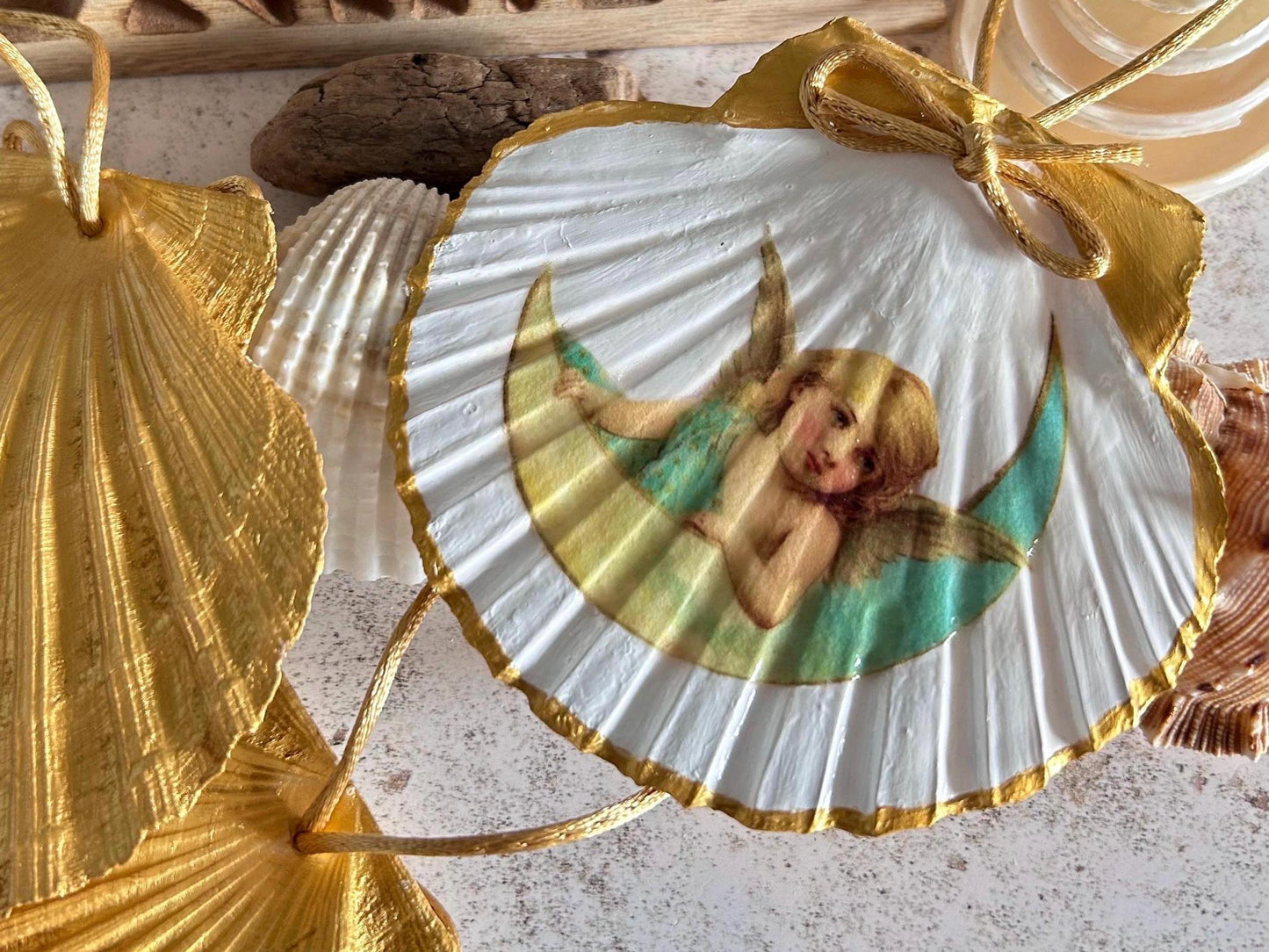 Christmas Angel Decoration. Natural Scallop Shell Hanging Ornament.