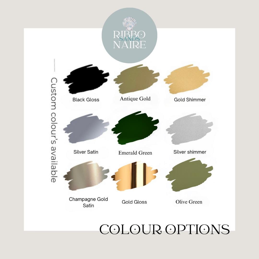 Color options for a product, showing nine paint swatches with the names of each color: Black Gloss, Antique Gold, Gold Shimmer, Silver Satin, Emerald Green, Silver Shimmer, Champagne Gold Satin, Gold Gloss, and Olive Green.