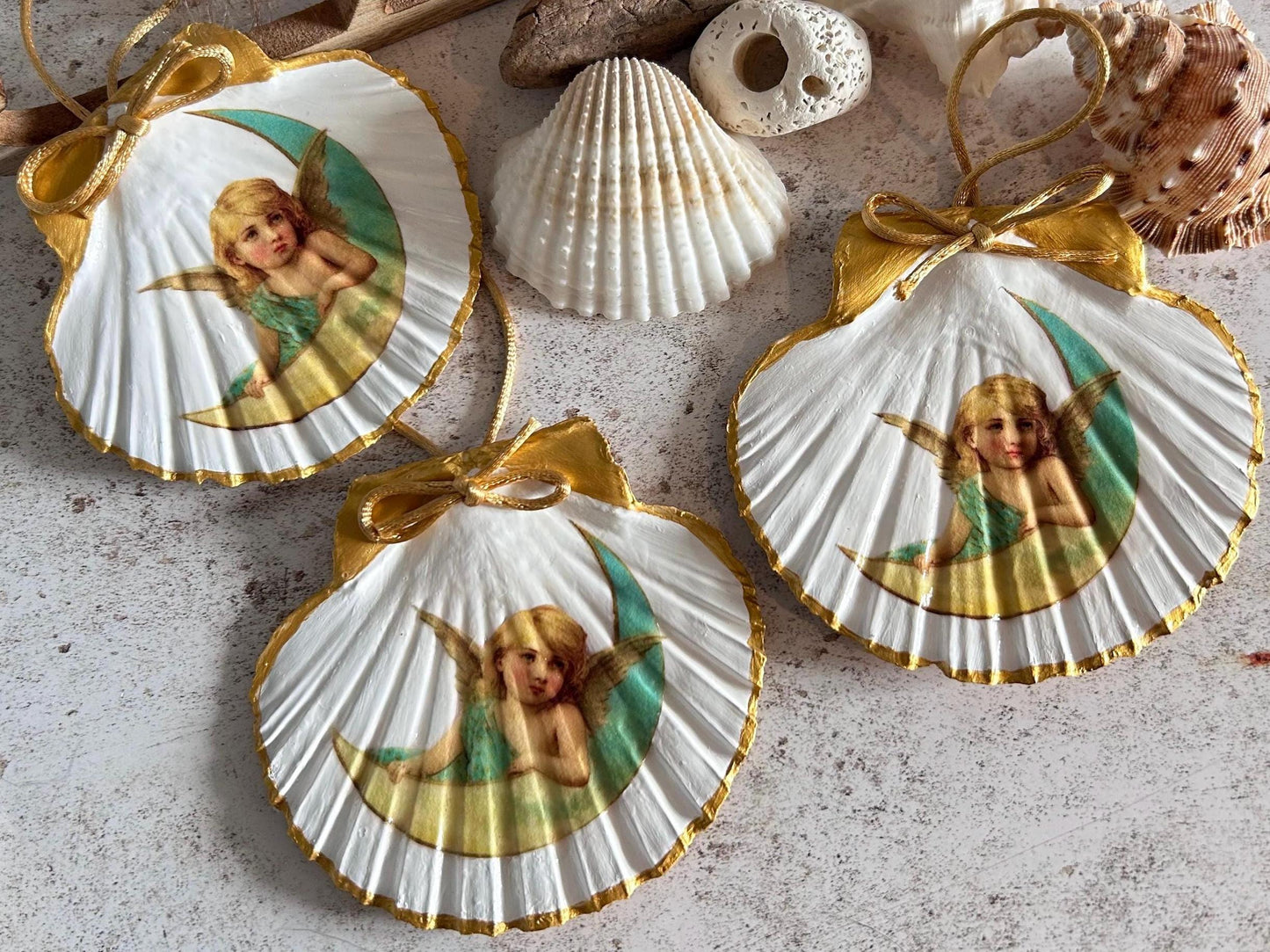 Christmas Angel Decoration. Natural Scallop Shell Hanging Ornament.