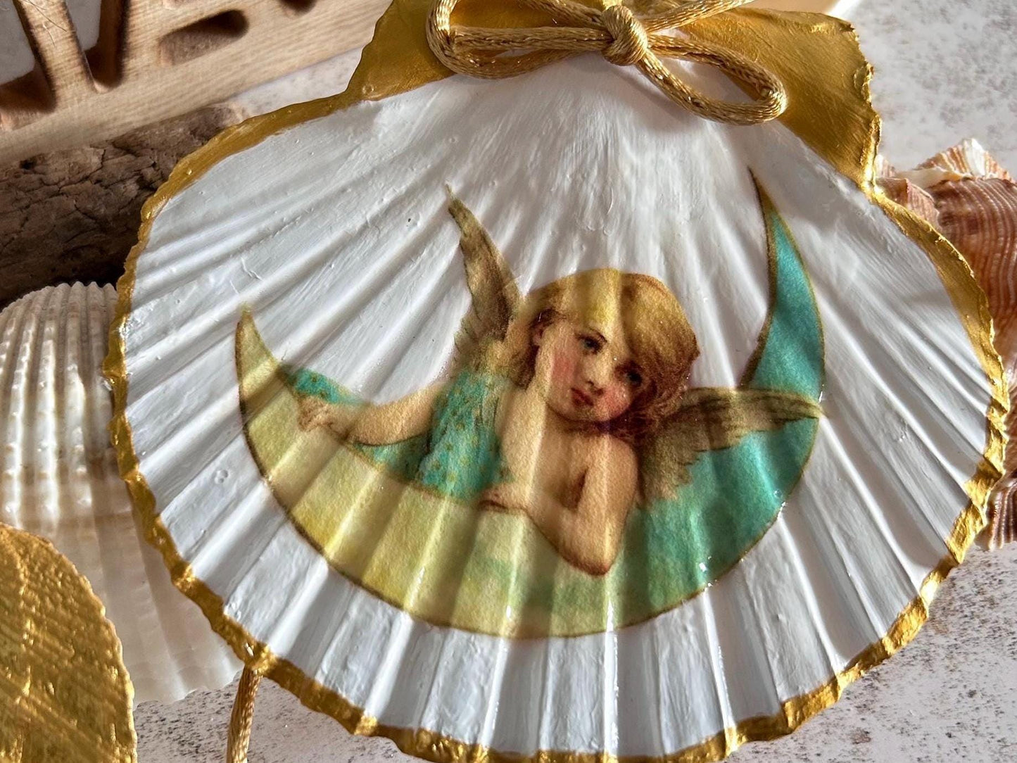 Christmas Angel Decoration. Natural Scallop Shell Hanging Ornament.