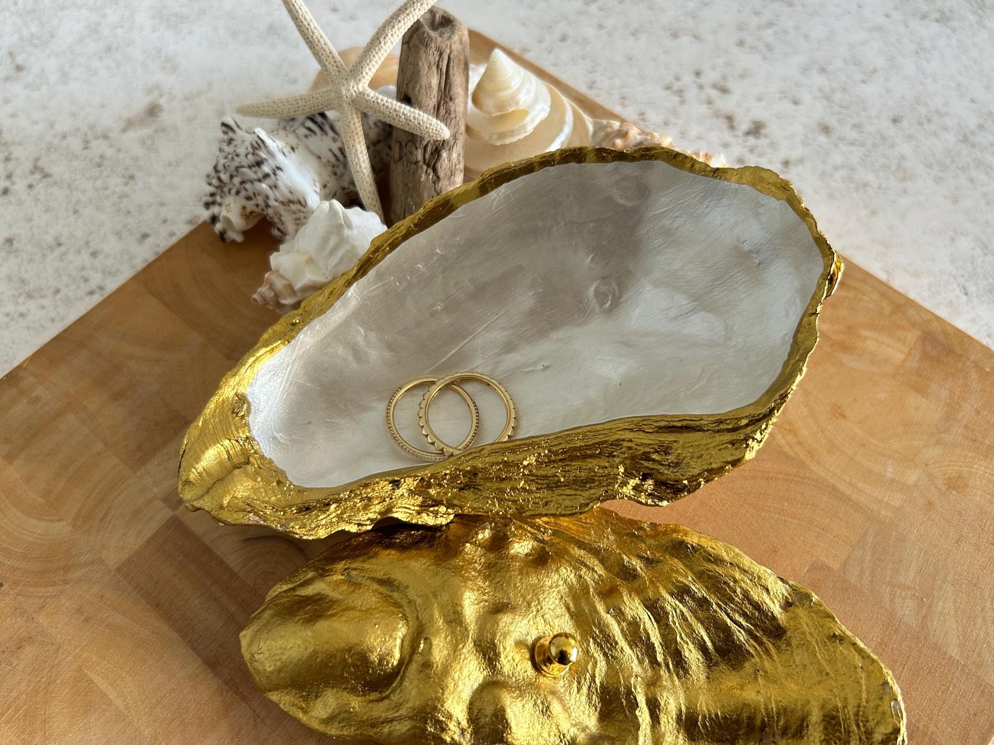 Gold natural oyster shell jewellery box. Seashell trinket box. Jewellery organiser for her. Golden wedding anniversary gift for wife.