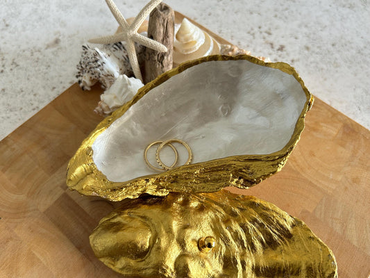 Gold natural oyster shell jewellery box. Seashell trinket box. Jewellery organiser for her. Golden wedding anniversary gift for wife.