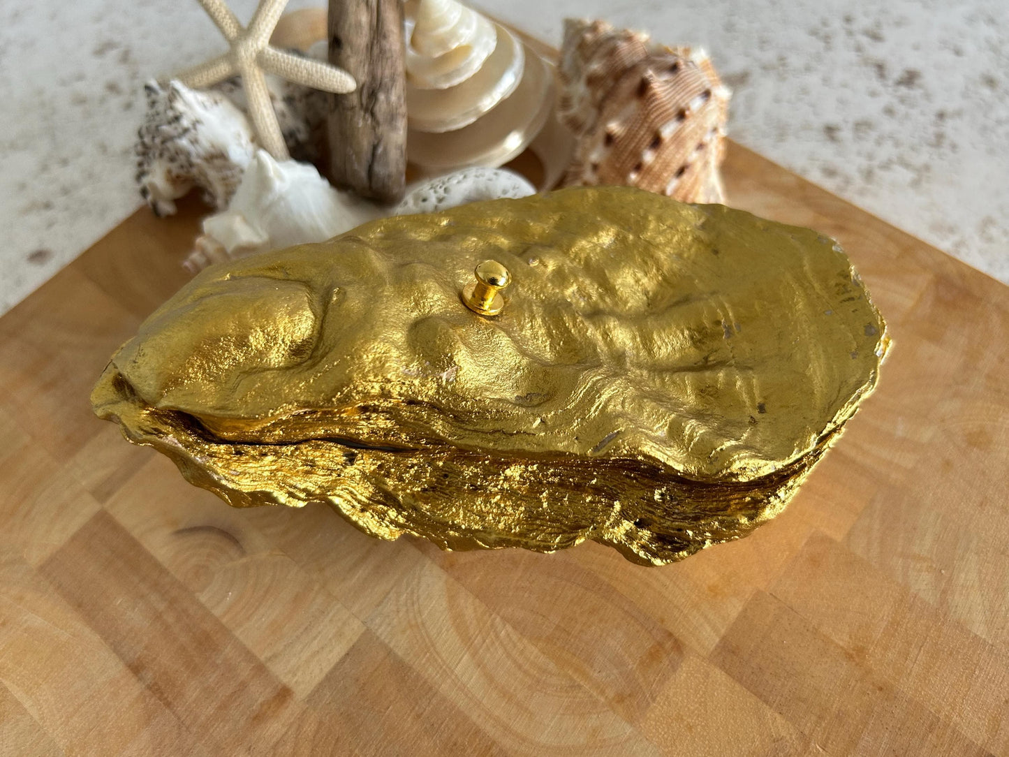 Gold natural oyster shell jewellery box. Seashell trinket box. Jewellery organiser for her. Golden wedding anniversary gift for wife.