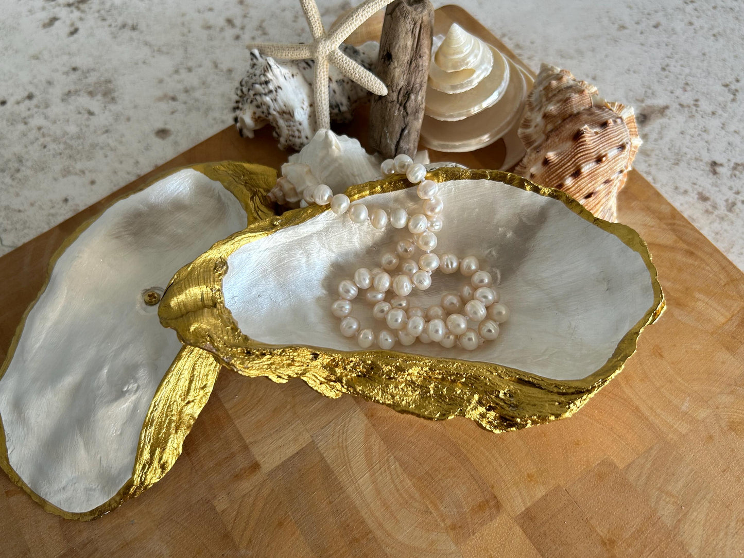 Gold natural oyster shell jewellery box. Seashell trinket box. Jewellery organiser for her. Golden wedding anniversary gift for wife.