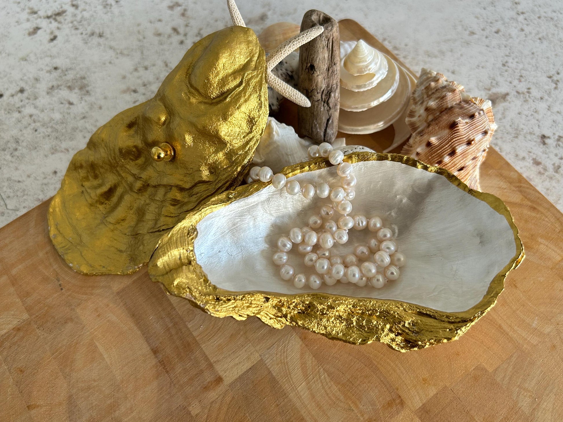 Gold natural oyster shell jewellery box. Seashell trinket box. Jewellery organiser for her. Golden wedding anniversary gift for wife.