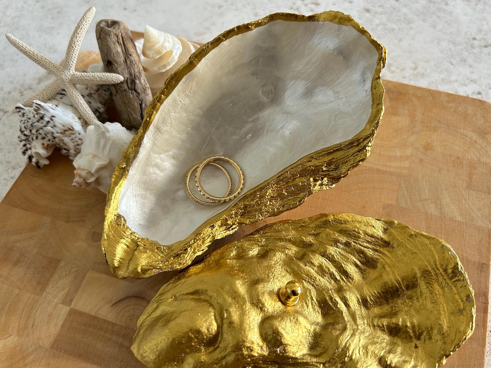 Gold natural oyster shell jewellery box. Seashell trinket box. Jewellery organiser for her. Golden wedding anniversary gift for wife.