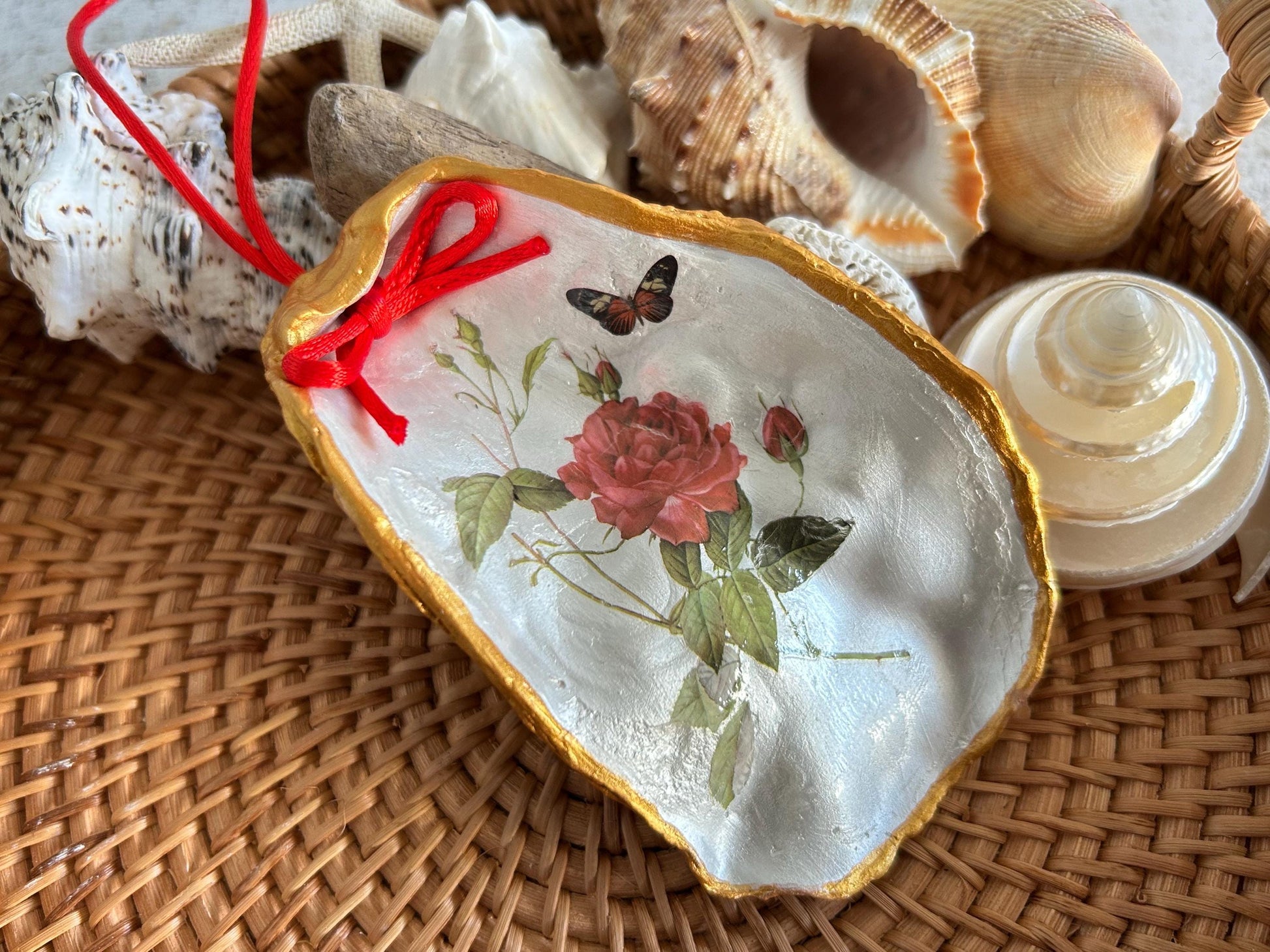 Personalised Red Rose and Gold Oyster shell Hanging Decoration.