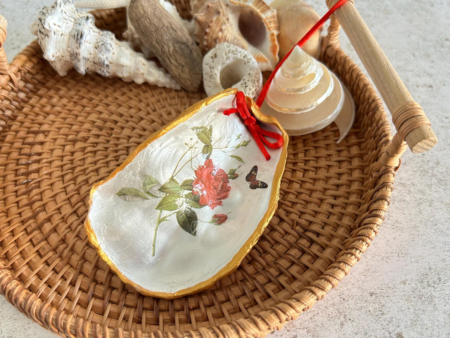 Personalised Red Rose and Gold Oyster shell Hanging Decoration.
