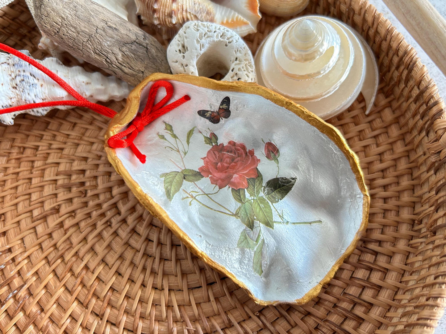 Personalised Red Rose and Gold Oyster shell Hanging Decoration.