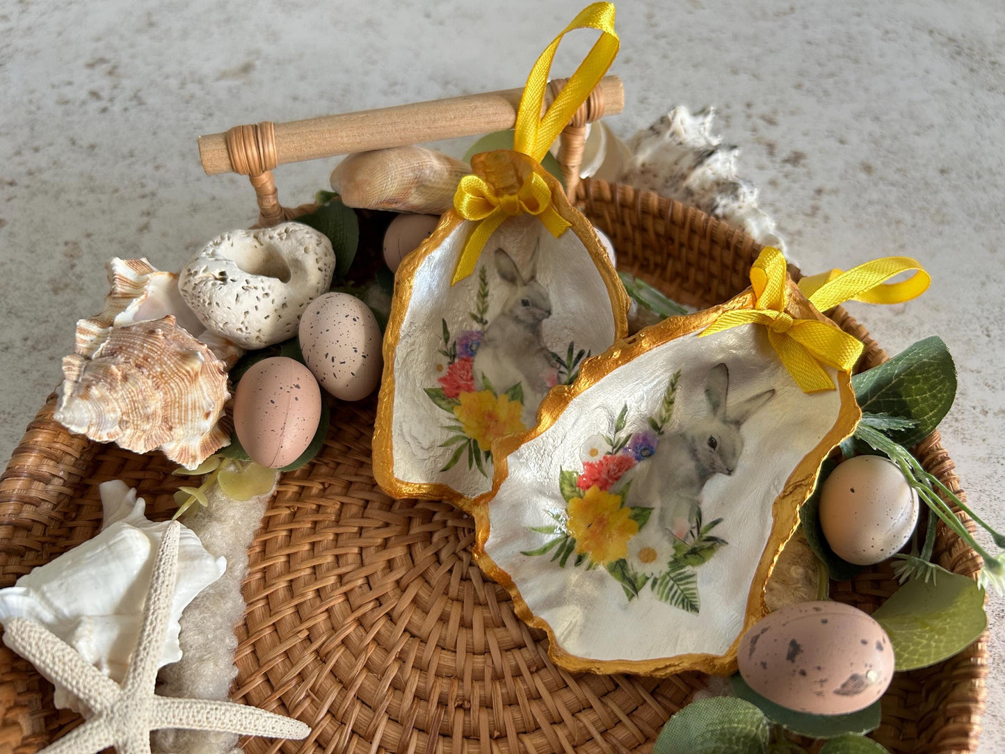 White rabbit floral bauble. Gold oyster shell hanging ornament. White spring bunny gift for her. Birthday gift for rabbit lover.