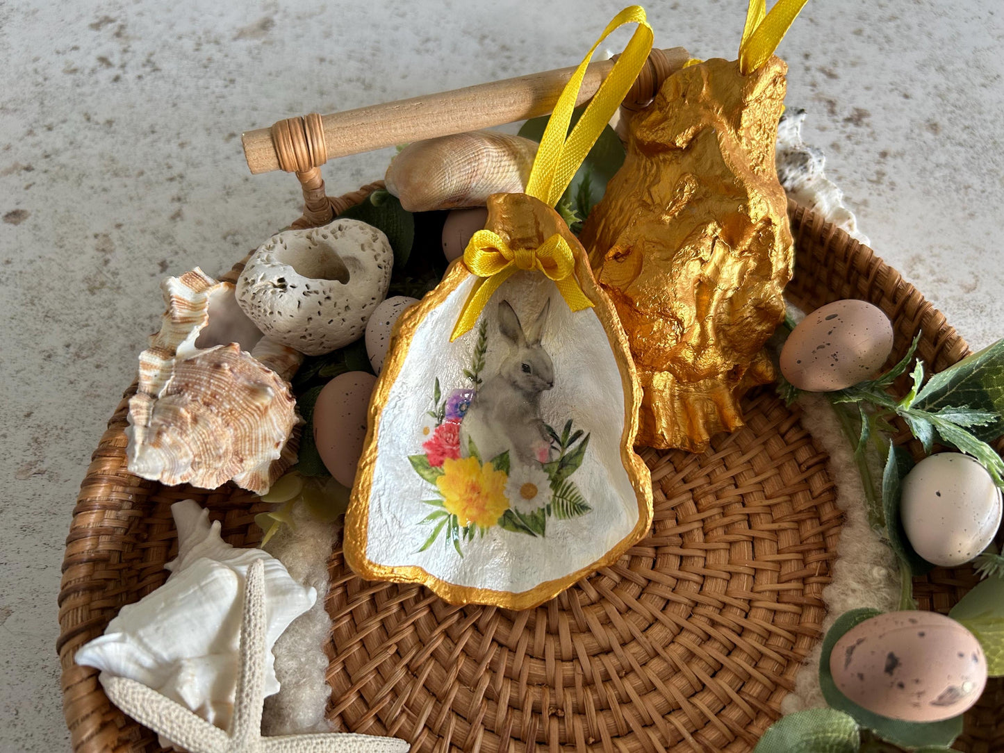 White rabbit floral bauble. Gold oyster shell hanging ornament. White spring bunny gift for her. Birthday gift for rabbit lover.