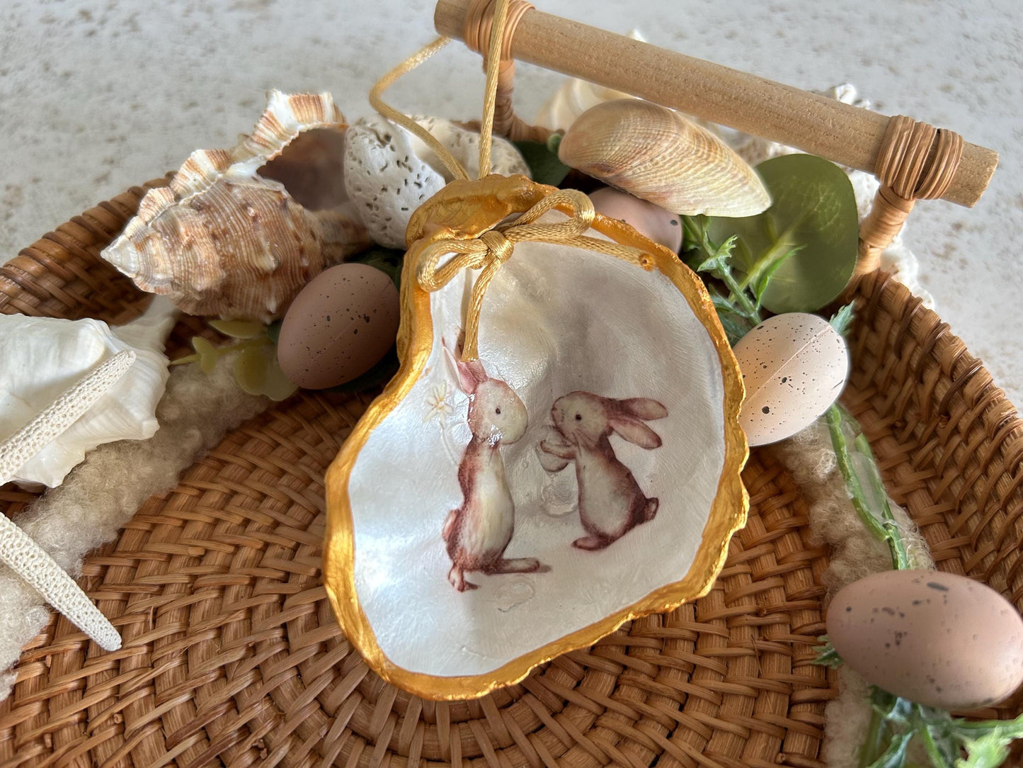Cute rabbit shell hanging decoration. Brown bunnies Easter decoration. Spring home decor gift for a Rabbit lover. Bunny gift for her.