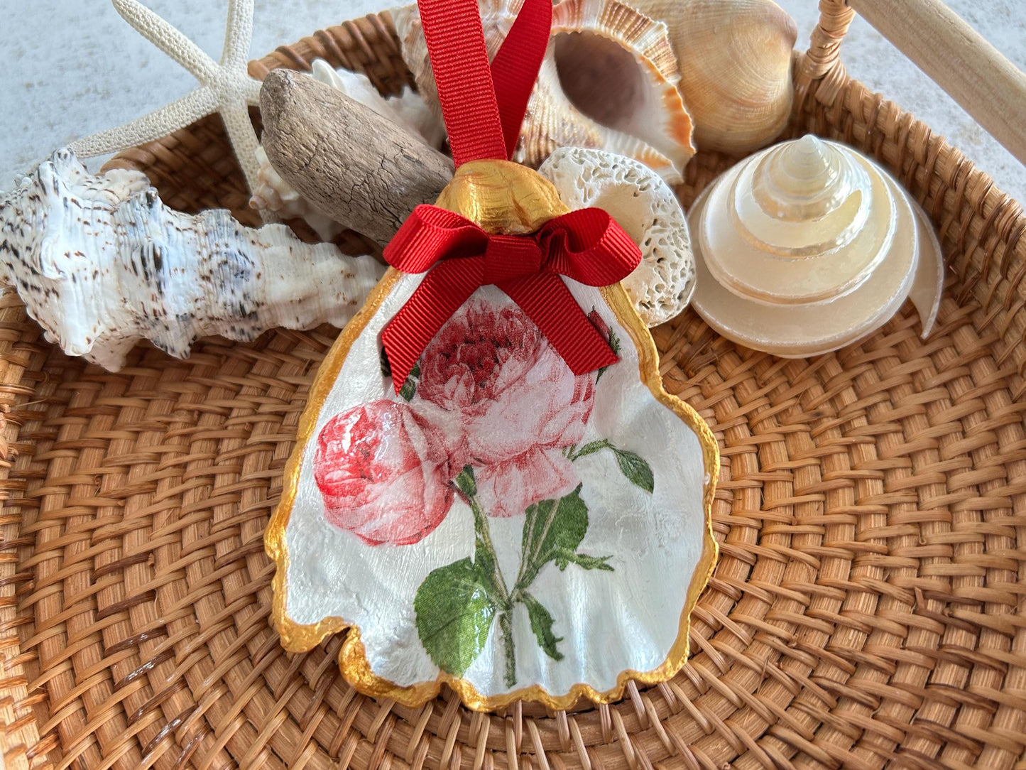 Pink Rose Oyster Shell Hanging Ornament. Shabby Chic Home Decor.