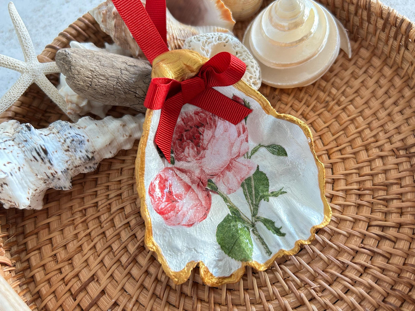 Pink Rose Oyster Shell Hanging Ornament. Shabby Chic Home Decor.