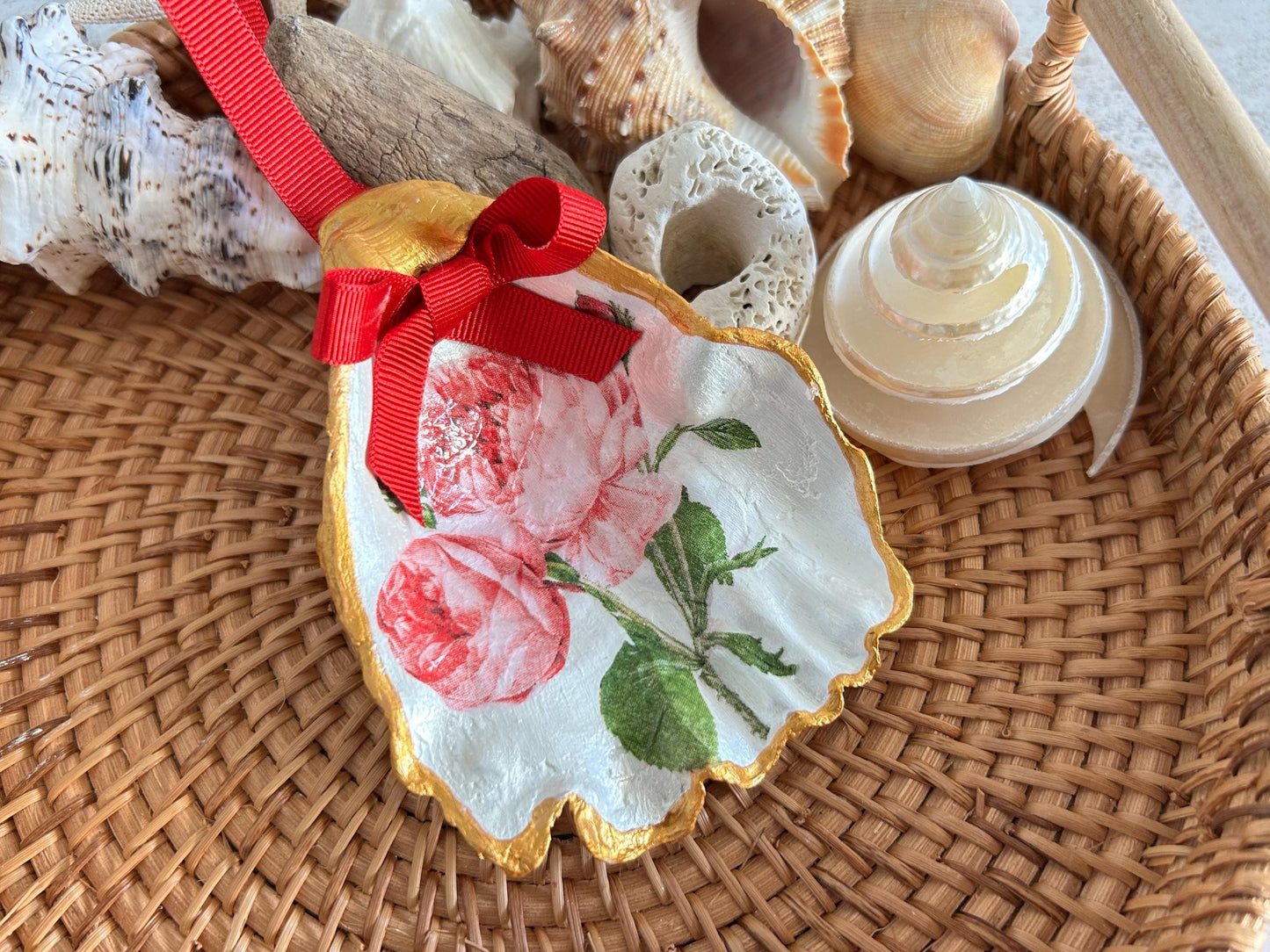 Pink Rose Oyster Shell Hanging Ornament. Shabby Chic Home Decor.