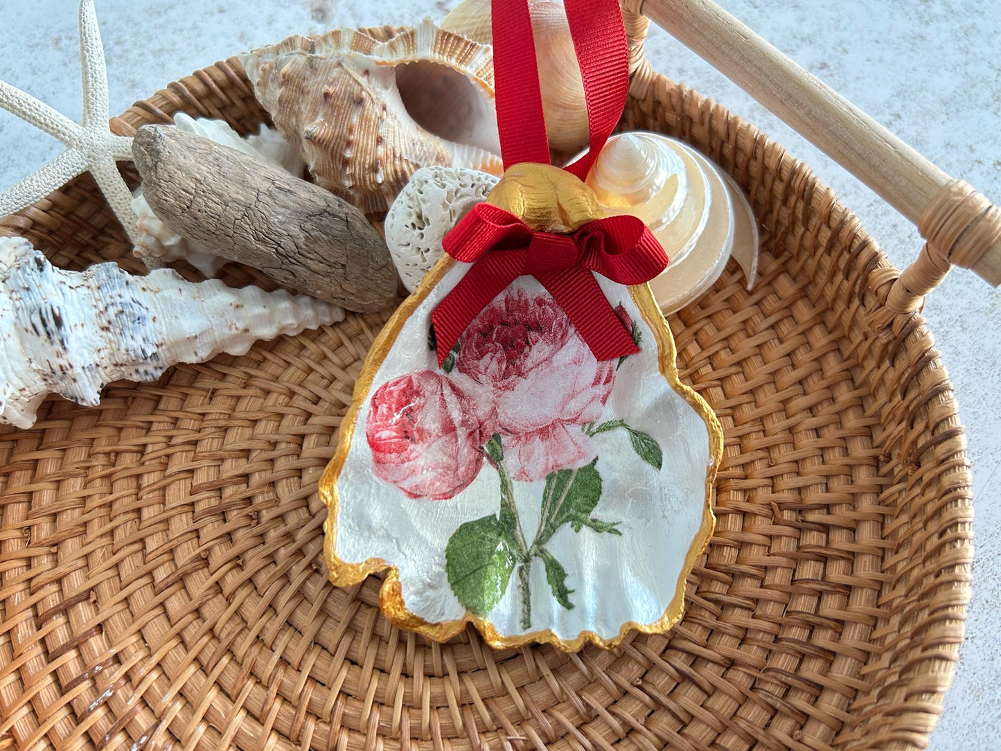 Pink Rose Oyster Shell Hanging Ornament. Shabby Chic Home Decor.