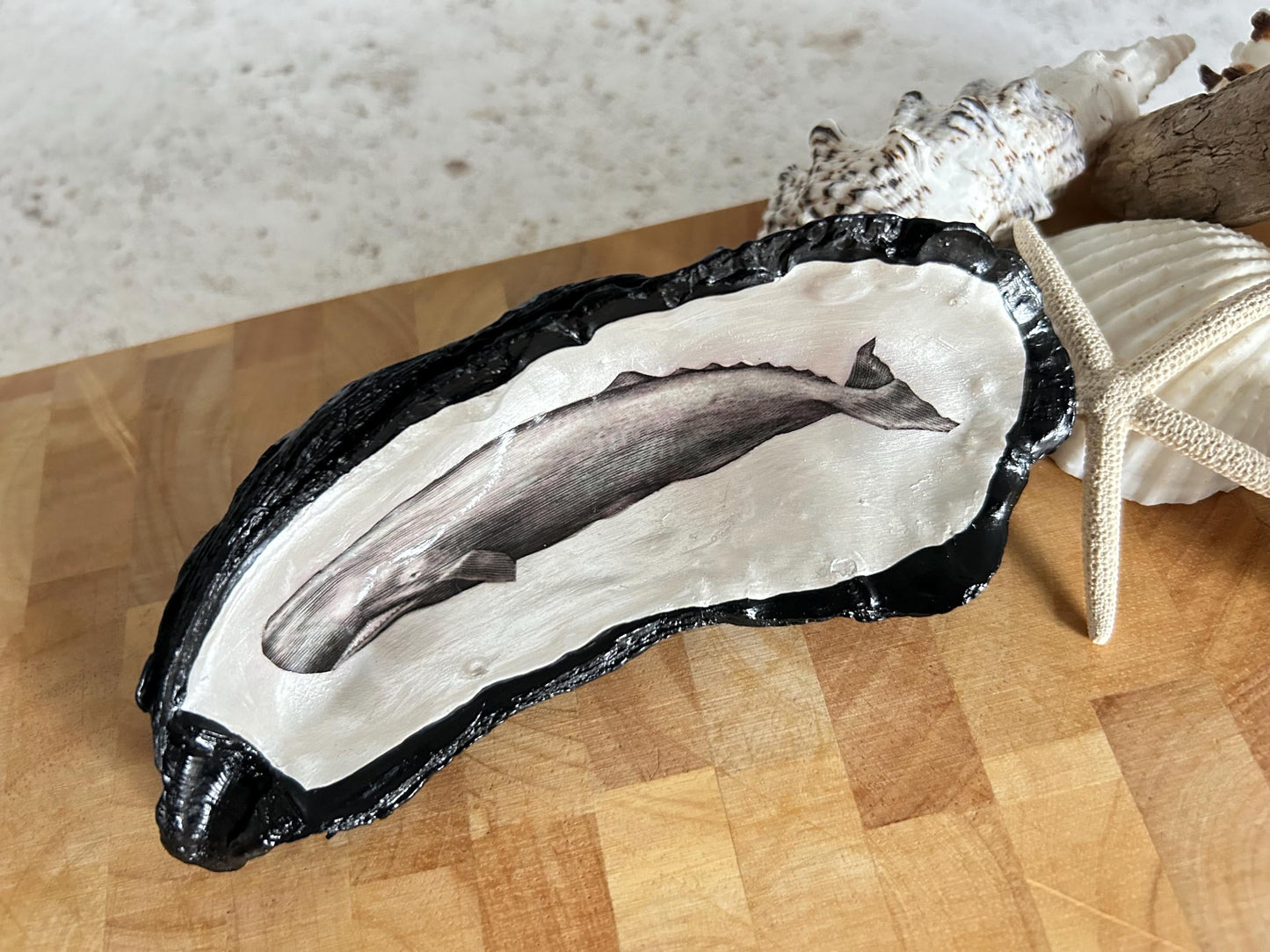 Black vintage whale oyster shell. Nautical black desk accessory. Home office dish tidy. Monochrome home decor gift for him.