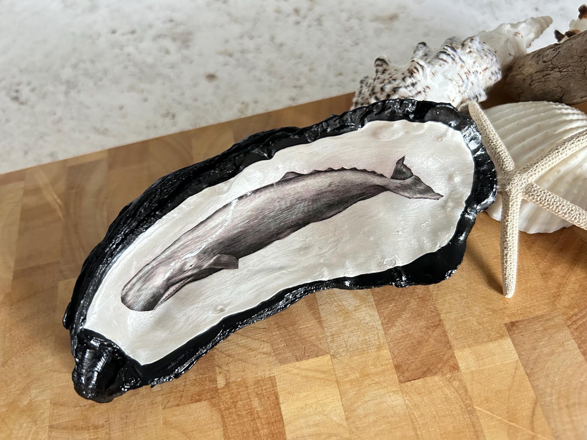 Black vintage whale oyster shell. Nautical black desk accessory. Home office dish tidy. Monochrome home decor gift for him.
