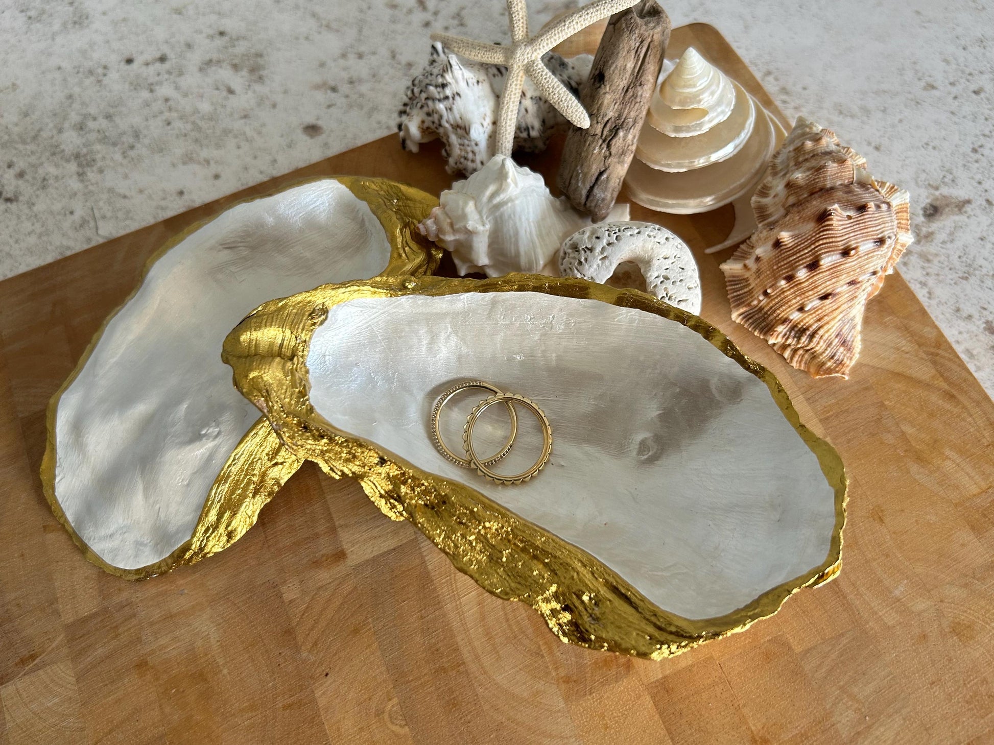 Gold natural oyster shell jewellery box. Seashell trinket box. Jewellery organiser for her. Golden wedding anniversary gift for wife.