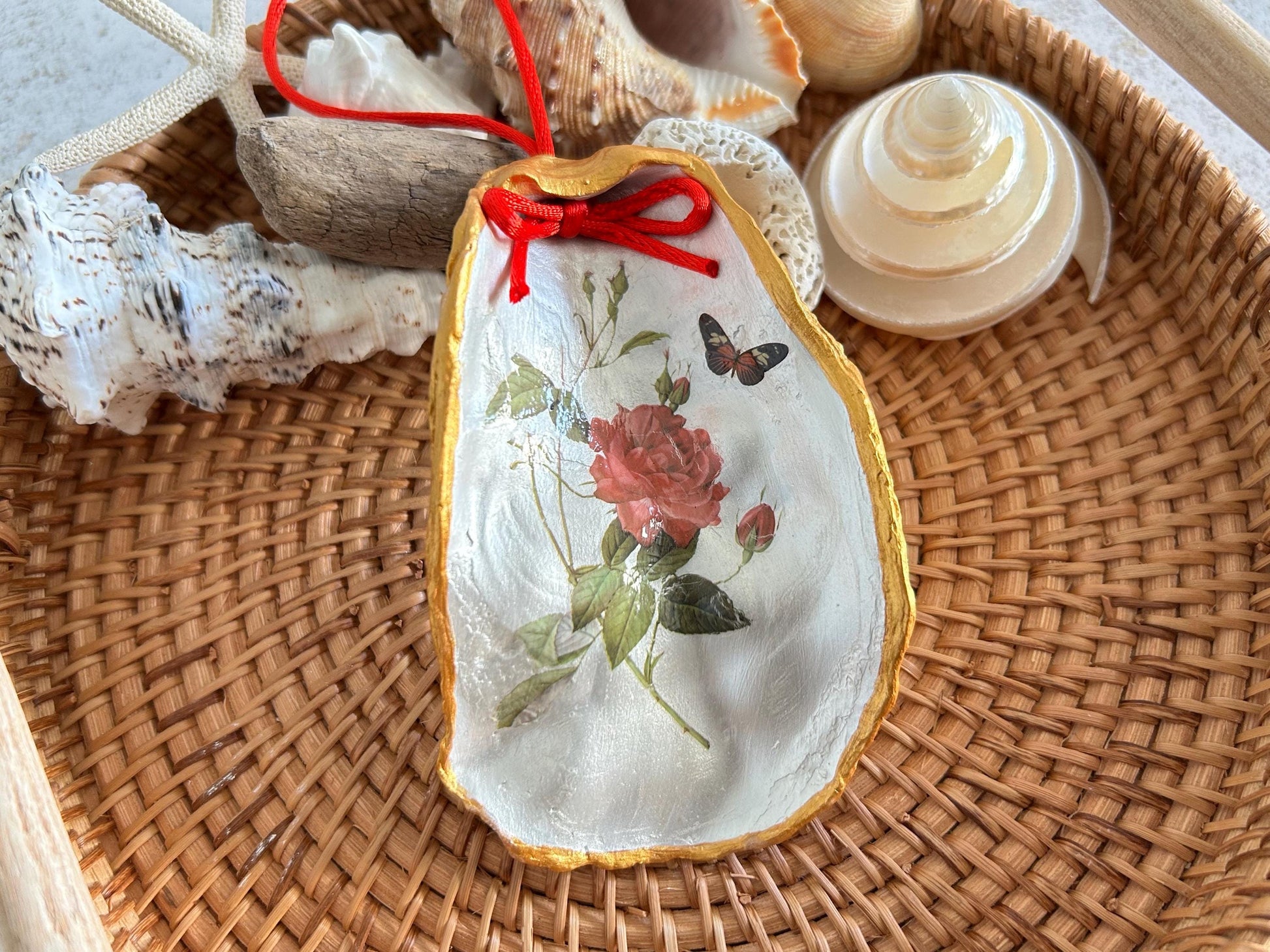 Personalised Red Rose and Gold Oyster shell Hanging Decoration.