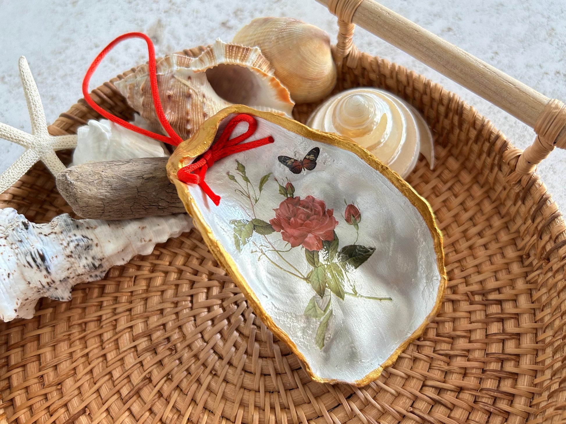 Personalised Red Rose and Gold Oyster shell Hanging Decoration.