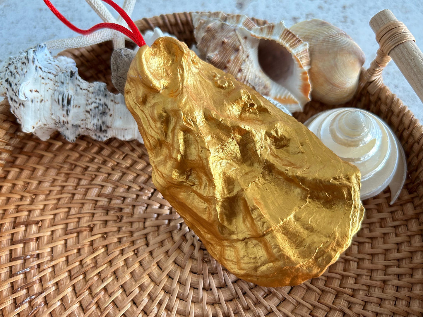 Personalised Red Rose and Gold Oyster shell Hanging Decoration.