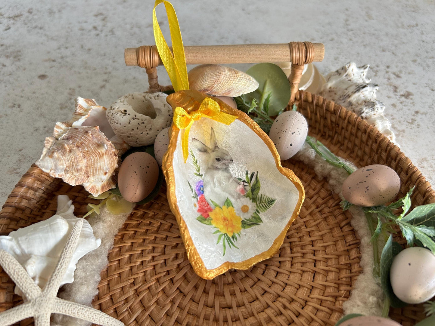White rabbit floral bauble. Gold oyster shell hanging ornament. White spring bunny gift for her. Birthday gift for rabbit lover.