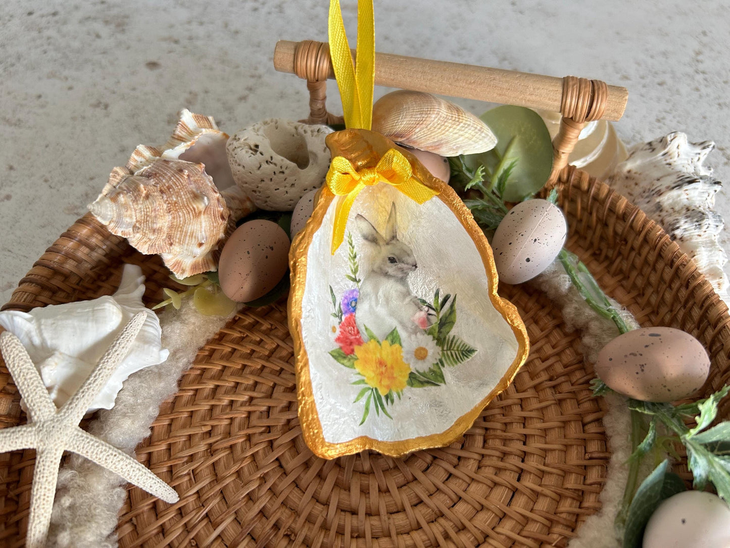 White rabbit floral bauble. Gold oyster shell hanging ornament. White spring bunny gift for her. Birthday gift for rabbit lover.