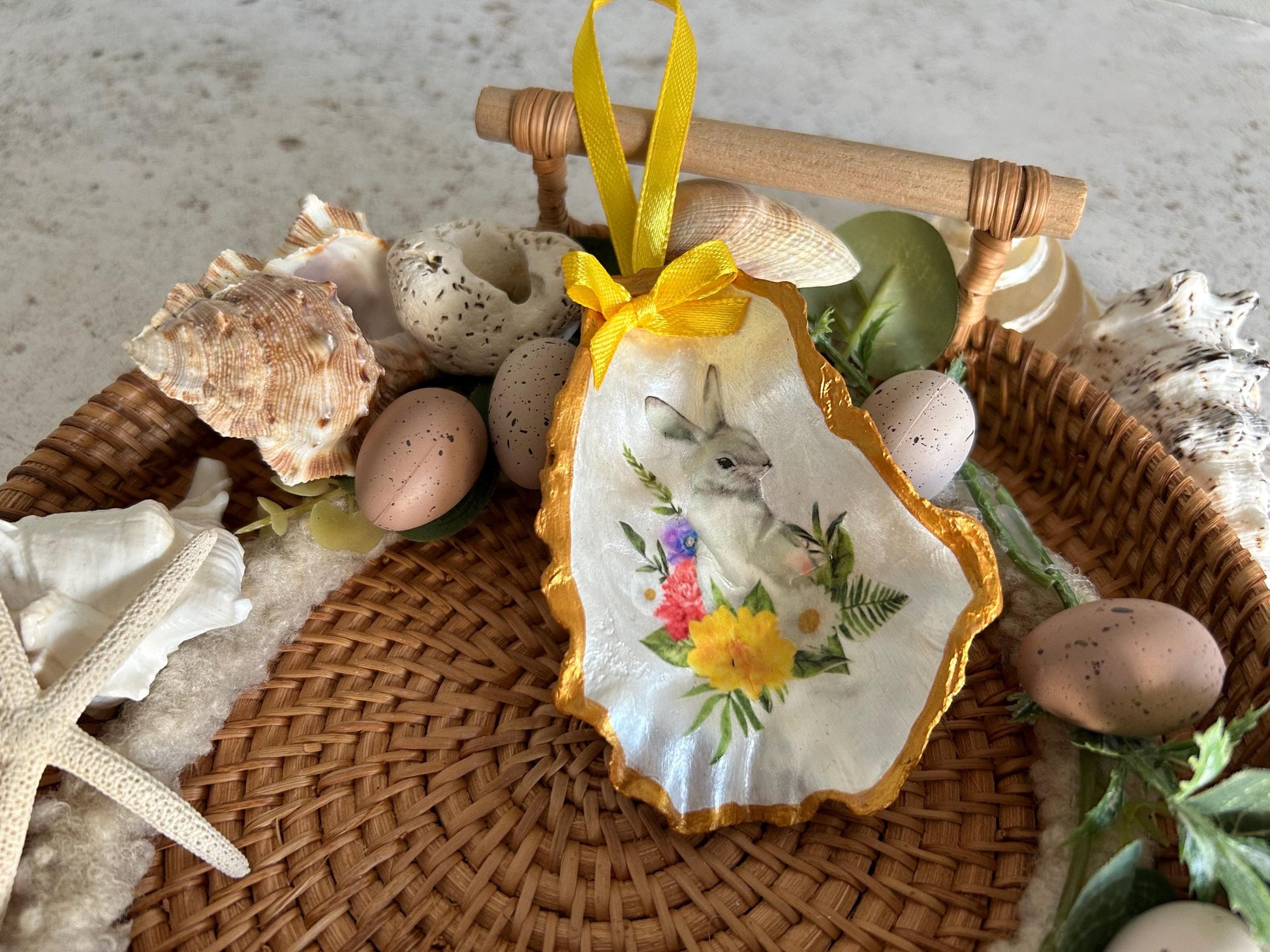 White rabbit floral bauble. Gold oyster shell hanging ornament. White spring bunny gift for her. Birthday gift for rabbit lover.