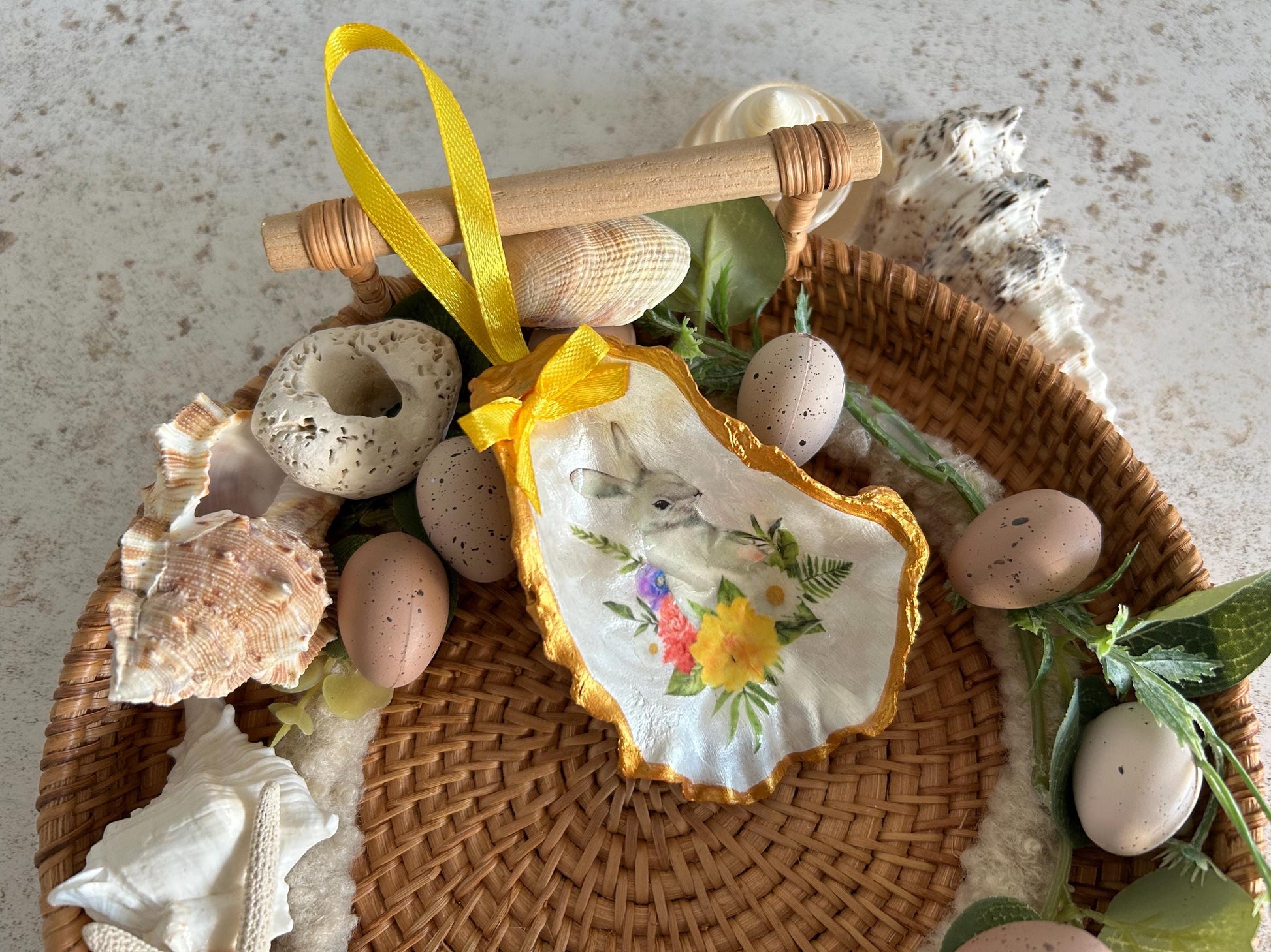 White rabbit floral bauble. Gold oyster shell hanging ornament. White spring bunny gift for her. Birthday gift for rabbit lover.