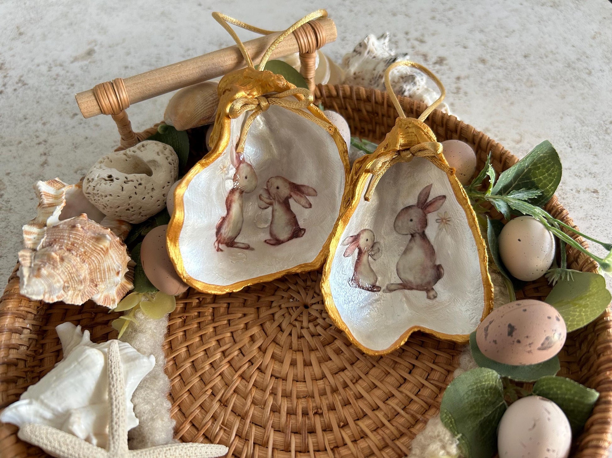Cute rabbit shell hanging decoration. Brown bunnies Easter decoration. Spring home decor gift for a Rabbit lover. Bunny gift for her.