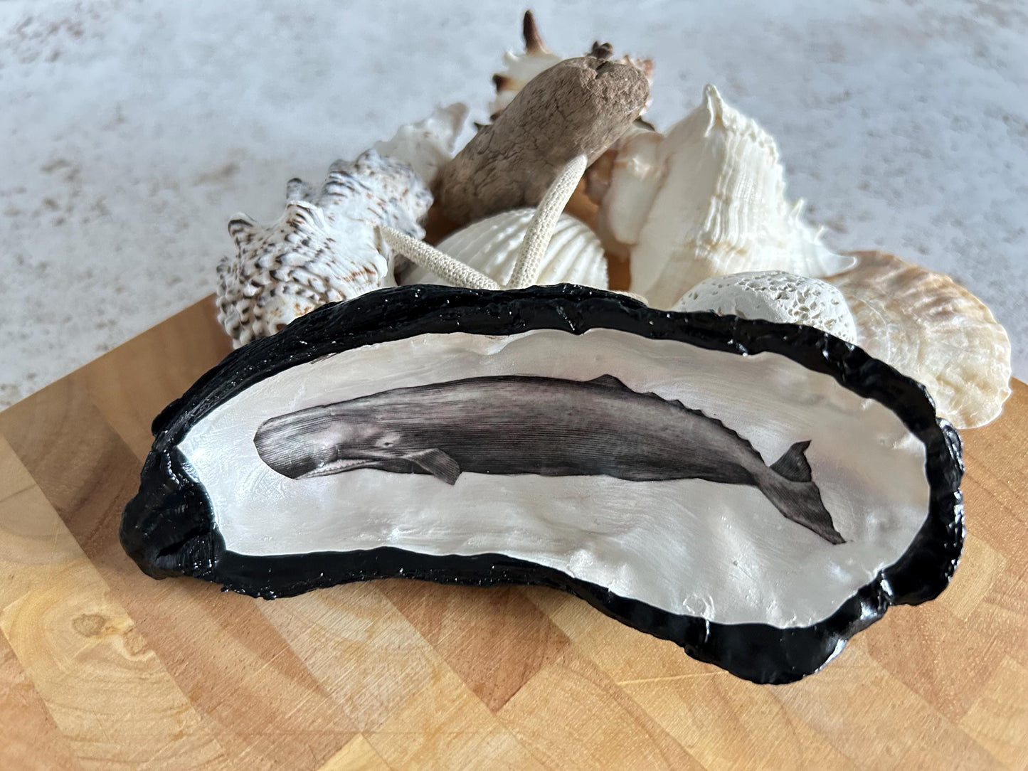Black vintage whale oyster shell. Nautical black desk accessory. Home office dish tidy. Monochrome home decor gift for him.