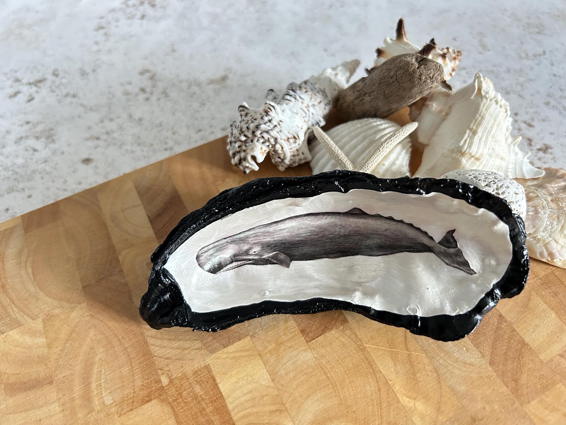 Black vintage whale oyster shell. Nautical black desk accessory. Home office dish tidy. Monochrome home decor gift for him.