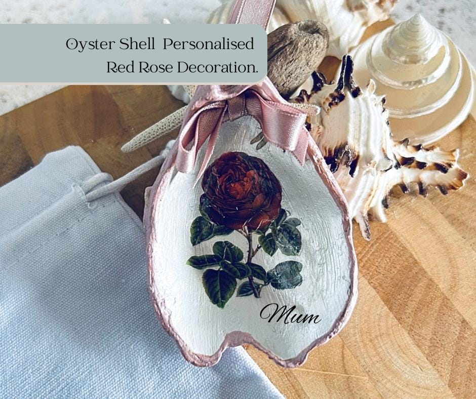 Personalised red vintage rose oyster shell. Dusky pink hanging decor. June birthday keepsake. Mother’s Day gift. Bottle gift tag decoration.