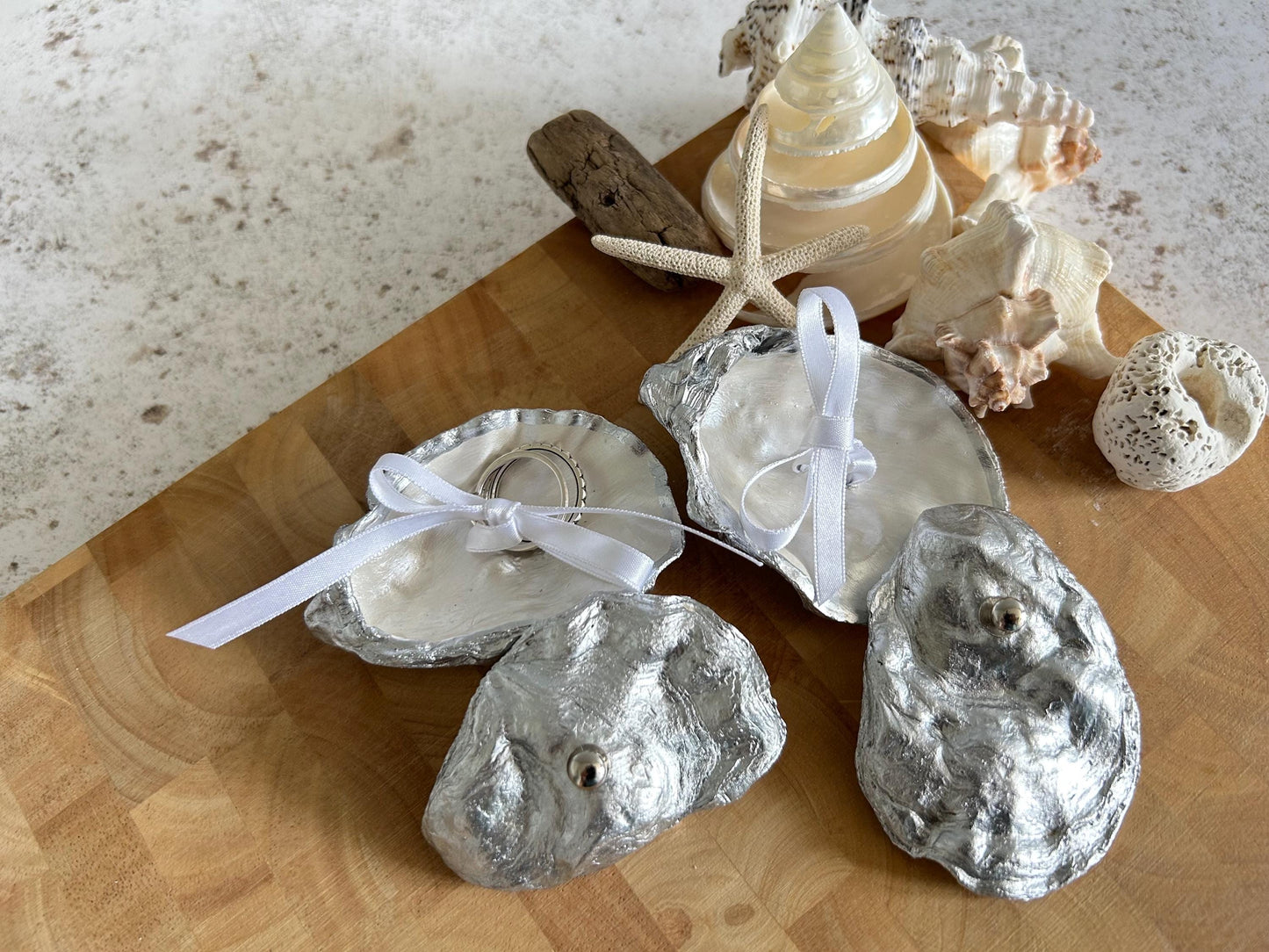 Silver Oyster Shell Ring Box. Beach Wedding Ring Bearer Holder.