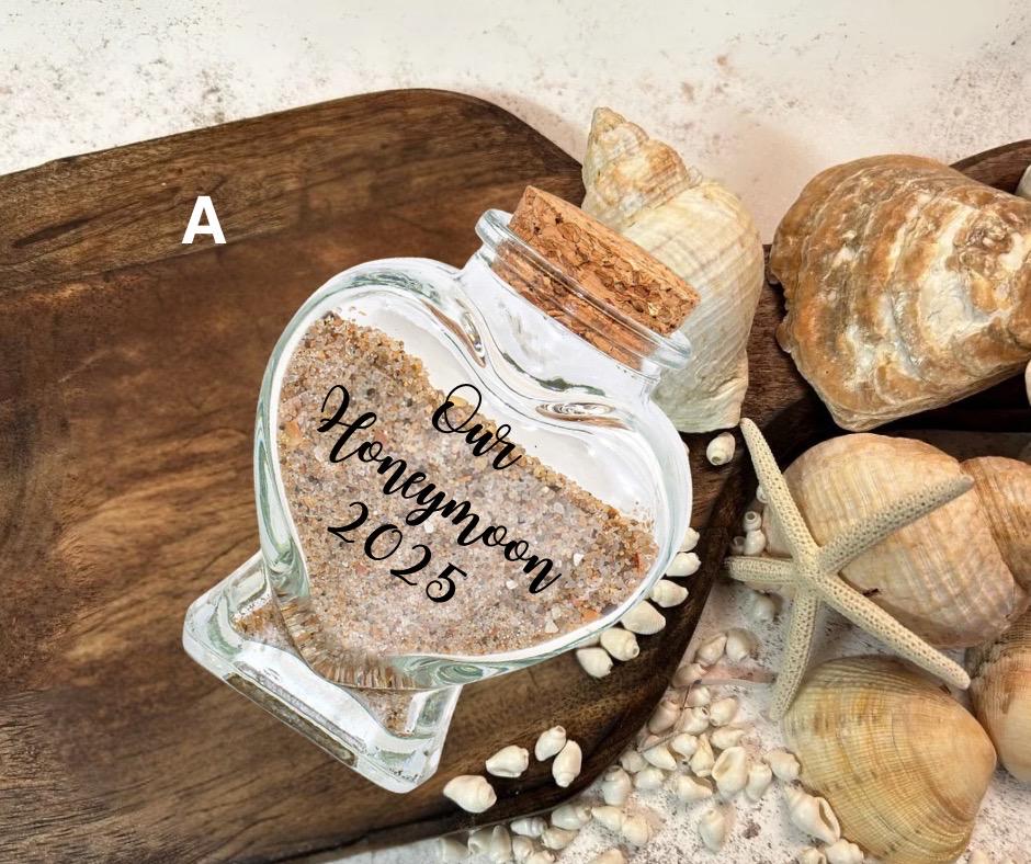 Personalised Honeymoon Heart Sand Bottle. Beach Holiday Memory Jar.