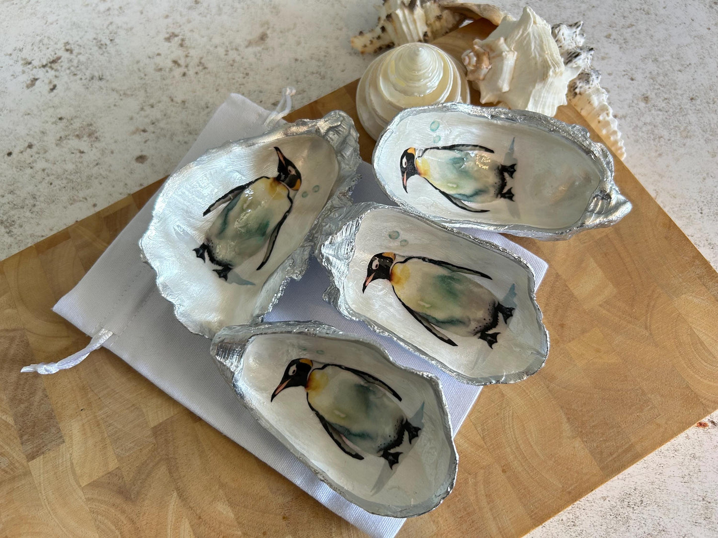 Silver Penguin Oyster Shell Ring Dish. Sea Life Jewellery Holder.