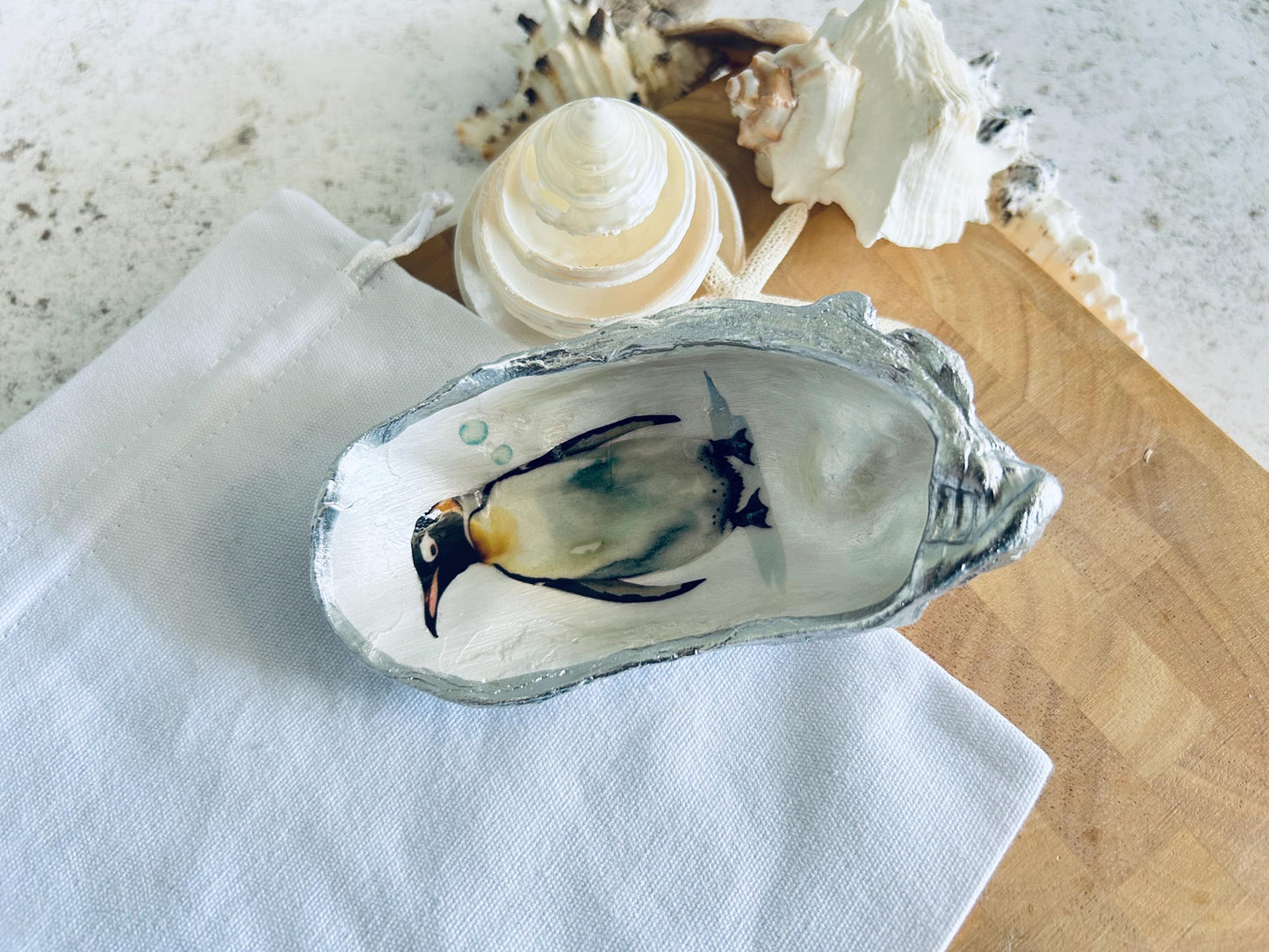 Silver Penguin Oyster Shell Ring Dish. Sea Life Jewellery Holder.