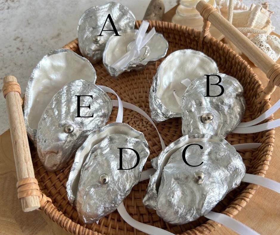 Silver Oyster Shell Ring Box. Beach Wedding Ring Bearer Holder.